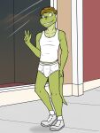  alligator alligatorid anthro briefs bulge clothing crocodilian footwear fuze gabriel_(fuze) gesture hi_res male nervous_smile outside pantsless reptile scalie shirt shoes socks solo street tank_top tighty_whities topwear underwear v_sign white_clothing white_underwear 