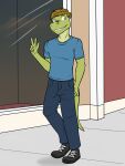  alligator alligatorid anthro bottomwear clothed clothing crocodilian footwear fully_clothed fuze gabriel_(fuze) gesture hi_res male outside pants reptile scalie shirt shoes solo street t-shirt topwear v_sign 