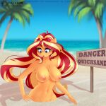  1:1 absurd_res anthro anthrofied areola beach big_breasts breasts chest_tuft crotch_tuft equestria_girls equid equine female hair hi_res horn long_hair looking_down mammal multicolored_hair my_little_pony navel nipples nude outside palm_tree plant quicksand sand seaside sign sinking solo sunset_shimmer_(eg) tree tuft two_tone_hair unicorn xjenn9 