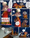  absurd_res anthro bovid canid canine caprine clothing comic dawn_bellwether dialogue disney female fox hi_res judy_hopps lagomorph leporid male mammal nauyaco nick_wilde prison_uniform rabbit sheep speech_bubble thunderstorm toga zootopia 