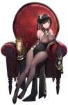  1girl azur_lane bare_shoulders black_dress black_footwear black_hair bodystocking breasts brown_gloves cat chair china_dress chinese_clothes cleavage covered_navel dress elbow_gloves flower full_body gloves gujianshaonu hair_flower hair_ornament highres lace-trimmed_gloves lace_trim large_breasts long_hair looking_at_viewer official_alternate_costume official_art pelvic_curtain purple_eyes see-through sitting sleeveless sleeveless_dress solo taut_clothes taut_dress transparent_background white_flower zhenhai_(azur_lane) zhenhai_(vestibule_of_wonders)_(azur_lane) 