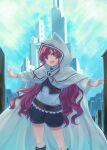  1girl :d animal_ears bangs black_shorts cape cat_ears contrapposto day eris_greyrat fake_animal_ears highres hood hood_up hooded long_hair long_sleeves mushoku_tensei open_mouth outdoors outstretched_arms red_eyes red_hair shirt short_shorts shorts smile solo very_long_hair white_shirt yano_takumi 