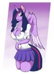  anthro big_breasts blue_hair bottomwear breasts cleavage clothed clothing equid equine feathered_wings feathers female friendship_is_magic fur hair hair_over_eye hasbro heatseeker hi_res horse long_hair looking_away mammal miniskirt my_little_pony one_eye_obstructed pony purple_body purple_eyes purple_fur school_uniform simple_background skirt solo thick_thighs tight_clothing twilight_sparkle_(mlp) uniform wings 