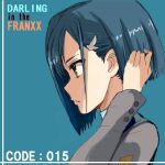  1girl adjusting_hair asymmetrical_hair bangs blue_background blue_hair bob_cut bump_(silk0423) character_name close-up copyright_name darling_in_the_franxx from_side green_eyes grey_jacket hair_ornament hairclip hand_up ichigo_(darling_in_the_franxx) jacket looking_ahead lowres parted_lips profile short_hair simple_background solo 