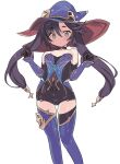  1girl bangs bare_shoulders black_hair blade_(galaxist) blue_headwear blush breasts genshin_impact green_eyes hat long_hair looking_at_viewer mona_(genshin_impact) mona_(pact_of_stars_and_moon)_(genshin_impact) official_alternate_costume small_breasts solo thighhighs thighs twintails witch_hat 