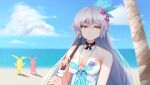  1girl bangs bare_shoulders beach beach_umbrella blue_sky breasts cleavage cloud cloudy_sky hair_ornament highres holding holding_umbrella homei_(honkai_impact) homu_(honkai_impact) honkai_(series) honkai_impact_3rd kiana_kaslana kiana_kaslana_(herrscher_of_the_void) long_hair looking_at_viewer outdoors sand shirt sky sleeveless sleeveless_shirt smile solo starfish_hair_ornament umbrella white_hair white_shirt yang_zheng_yu yellow_eyes 
