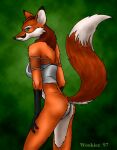  anthro black_body black_fur black_nose bottomless butt canid canine clothed clothing female fox fur gloves_(marking) green_background green_eyes hand_on_leg mammal markings multicolored_body multicolored_fur orange_body orange_fur simple_background solo standing white_body white_fur wooky 