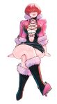  1girl boots breasts cleavage cleavage_cutout clothing_cutout cropped_jacket eymbee fur_trim hair_over_eyes high_heels large_breasts leotard lips lipstick makeup miniskirt red_hair shermie_(kof) skirt smile solo the_king_of_fighters the_king_of_fighters_xv 