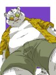 2022 anthro belly bottomwear clothed clothing cute_fangs eyewear felid hi_res kemono male mammal moobs navel nipples open_clothing open_shirt open_topwear overweight overweight_male pantherine shirt shorts solo sunglasses tiger topwear yuzpoco 