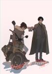  1boy 1other absurdres backpack bag black_hair brown_footwear brown_hair character_doll character_request coat copyright_name cup disposable_cup formal ground_vehicle hand_in_pocket hange_zoe highres levi_(shingeki_no_kyojin) macaronk motor_vehicle motorcycle onyankopon_(shingeki_no_kyojin) shingeki_no_kyojin shoes signature simple_background suit white_background 