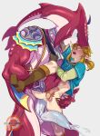  2boys anal bangs blonde_hair blush colored_skin extra_penises fins fish_boy holding interspecies kukumomo link male_focus monster_boy multicolored_skin multiple_boys open_mouth pointy_ears red_skin sex sidon standing standing_sex teeth the_legend_of_zelda the_legend_of_zelda:_breath_of_the_wild yaoi yellow_eyes zora 