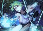  1girl bangs black_nails blue_hair breasts floating_hair green_hair green_lips grey_eyes hair_between_eyes highres jojo_no_kimyou_na_bouken kujo_jolyne kyundoo medium_breasts midriff multicolored_hair nail_polish parted_lips shiny shiny_hair short_hair sleeveless solo stomach stone_free stone_ocean twisted_torso v-shaped_eyebrows 