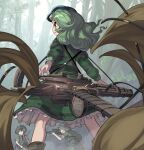  3girls backpack bag camouflage camouflage_headwear camouflage_shirt camouflage_skirt gatling_gun green_eyes green_hair green_headwear green_shirt green_skirt gun hat highres leaf long_hair multiple_girls rifle scope shirt shope skirt touhou tree unconnected_marketeers wavy_hair weapon yamashiro_takane 