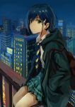  absurdres backpack bag blue_hair blue_necktie bob_cut brown_bag building city cityscape closed_mouth commentary darling_in_the_franxx diagonal_stripes dress_shirt green_eyes green_hoodie green_skirt hair_ornament hair_strand hairclip hands_in_pockets highres hood hood_down hoodie ichigo_(darling_in_the_franxx) light_frown looking_at_viewer looking_to_the_side mao_wei_du_jiao_shou necktie night outdoors plaid plaid_skirt pleated_skirt railing shirt sitting skirt skyscraper striped striped_necktie white_shirt yellow_necktie 