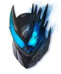  2022 armor asymmetry black_armor blue_eyes english_commentary fusion glowing glowing_eyes head highres jaaku_revice kamen_rider kamen_rider_revi kamen_rider_revice kamen_rider_vice possessed profile signature spikes spoilers to_ze watermark white_background 