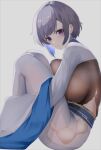  1girl absurdres azur_lane bangs bodystocking breasts clothing_cutout commentary_request eyebrows_visible_through_hair grey_hair highres large_breasts long_skirt looking_at_viewer mippei official_alternate_costume parted_lips partial_commentary purple_eyes reno_(azur_lane) reno_(spring&#039;s_inspiration)_(azur_lane) short_hair shrug_(clothing) sidelocks simple_background sitting skirt solo thigh_cutout white_background white_skirt white_sleeves wide_sleeves 