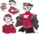  anthro badger bucky_badger clothing college_football digital_media_(artwork) english_text female hat headgear headwear hi_res jacket kugi mammal mascot mustelid musteline signature simple_background solo sweater text topwear university_of_wisconsin wisconsin_badgers 