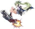  1girl alisa_(kuro_no_sakura) anshan_(azur_lane) ass azur_lane black_footwear black_gloves dragon_horns finger_gun fingerless_gloves from_side full_body gloves green_eyes green_hair hair_ornament hairclip highres horns long_hair looking_at_viewer no_panties official_alternate_costume official_art ponytail retrofit_(azur_lane) thigh_strap transparent_background 