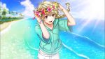  1boy :d androgynous antenna_hair beach blonde_hair blush_stickers bow bracelet braid brown_eyes earrings eyebrows_visible_through_hair eyelashes game_cg hair_bow hands_on_headwear head_wreath hood hoodie jewelry long_hair looking_at_viewer male_focus margarita_(senjuushi) midriff_peek multicolored_hair ocean official_art open_mouth orange_hair otoko_no_ko outdoors seashell_earrings senjuushi:_the_thousand_noble_musketeers short_sleeves single_braid smile solo two-tone_hair 