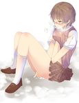  bad_id bad_pixiv_id blush brown_hair fingering glasses hand_under_clothes hand_under_shirt legs masturbation original plaid plaid_skirt pun2 pussy_juice red_eyes self_fondle shirt shoes short_hair skirt socks solo white_legwear 