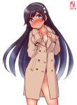  1girl alternate_costume artist_logo black_hair blush breasts brown_eyes cleavage coat collarbone cowboy_shot dated eyebrows_visible_through_hair hair_between_eyes hair_ribbon hairband highres i-400_(kantai_collection) kanon_(kurogane_knights) kantai_collection long_hair long_sleeves looking_at_viewer naked_coat no_bra no_panties ribbon signature simple_background smile solo standing tan trench_coat white_background 