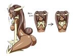  1girl animal_ears ass bb blush breasts bunny_ears bunny_tail dark_skin emukon female fur large_breasts long_hair lopunny nipples panties personification pokemon red_eyes smile solo tail thong translated twintails underwear white_background 