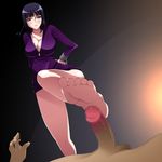  1girl ariyon arms_behind_back bdsm black_hair blush bondage bound bound_arms breasts censored cleavage cuffs feet footjob from_below green_eyes highres nico_robin one_piece penis shackles solo toes 