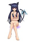  210ten animal_ears barefoot blue_hair blush breasts cat_ears cat_tail crossed_legs feet finger_to_mouth frederica_bernkastel hair_censor hair_over_breasts large_breasts long_hair looking_at_viewer nude purple_eyes ribbon sitting smile solo tail tail_ribbon umineko_no_naku_koro_ni 