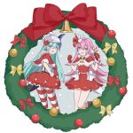  2girls :d arin_(1010_ssu) bangs beret blue_eyes blue_hair bow candy candy_cane christmas christmas_ornaments christmas_wreath dress food gloves hair_ornament hat highres holding holding_food honkai_(series) honkai_impact_3rd horns liliya_olenyeva long_hair looking_at_viewer looking_back multiple_girls open_mouth pink_hair red_bow red_dress red_gloves red_legwear rozaliya_olenyeva siblings simple_background single_horn smile snowing striped striped_legwear tail thighhighs twins white_background white_headwear yellow_bow 