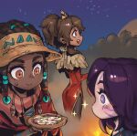  3girls :d bangs brown_eyes brown_hair character_request check_character dark-skinned_female dark_skin facial_mark food freckles hair_ribbon hairlocs holding holding_food kai&#039;sa league_of_legends long_hair looking_at_another multiple_girls night night_sky official_alternate_costume phantom_ix_row pink_eyes pizza ponytail profile purple_hair ribbon senna_(league_of_legends) shiny_hiar sky smile sparkle standing taliyah teeth tress_ribbon true_damage_senna upper_teeth 