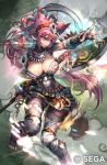  1girl aqua_eyes axe battle_axe breasts character_request cleavage company_name copyright fingerless_gloves gloves hitowa holding holding_axe large_breasts leotard official_art pink_hair sangokushi_taisen skirt solo tail toeless_footwear weapon 