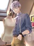  1boy belt black_belt black_hair blue_shirt brown_pants closed_mouth cowboy_shot cst earrings hand_in_pocket highres holding indoors jewelry looking_at_viewer male_focus mannequin mitsuya_takashi pants purple_eyes purple_hair shirt short_hair single_earring sleeves_rolled_up smile solo standing tape_measure tokyo_revengers undercut watch wristwatch 
