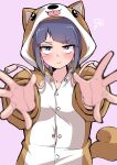  1girl absurdres animal_ears animal_hood asymmetrical_bangs audio_jack bangs blurry blurry_foreground blush boku_no_hero_academia brown_pajamas button_gap closed_mouth collarbone commentary depth_of_field dog_ears dog_pajamas dog_tail embarrassed fake_animal_ears furrowed_brow highres hood hood_up jirou_kyouka jitome long_earlobes midriff_peek pajamas partially_unbuttoned purple_background purple_eyes purple_hair reaching_out scribble shinonome_mozuku short_hair sidelocks simple_background solo spread_fingers tail tongue tongue_out upturned_eyes v-shaped_eyebrows wavy_mouth white_pajamas 