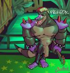  2022 absurd_res alligator alligatorid animatronic anthro armband balls big_muscles big_penis black_eyebrows claws clothing crocodilian dialogue english_text eyebrows facial_markings fingerless_gloves five_nights_at_freddy&#039;s five_nights_at_freddy&#039;s:_security_breach flaccid genitals glass0milk gloves green_body guitar hair handwear head_markings hi_res high-angle_view holding_guitar holding_object humanoid_genitalia humanoid_penis inside looking_at_viewer machine male markings mohawk montgomery_gator_(fnaf) multicolored_body muscular muscular_anthro muscular_male musical_instrument nipples non-mammal_balls non-mammal_nipples nude open_mouth open_smile pecs penis pink_nipples plucked_string_instrument red_hair reptile robot scalie scottgames shoulder_pads signature smile solo spiked_armband spiked_shoulderpads spikes standing string_instrument teeth text tongue tongue_out top_heavy two_tone_body video_games 