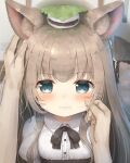  1girl 1other animal_ear_fluff animal_ears annoyed blue_eyes blush brown_hair cheek_pinching clenched_teeth dog_ears dog_girl dog_tail food food_on_head hand_on_another&#039;s_cheek hand_on_another&#039;s_face hand_on_another&#039;s_head highres leaf leaf_on_head looking_at_viewer object_on_head original petting pinching pov psyche3313 shirt tail teeth trembling upper_body white_shirt 