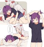  2girls adjusting_hair arknights ass black_horns black_shirt blue_shorts bottomless coldcat. colored_skin commentary_request eyebrows_visible_through_hair fang highres horns lava_(arknights) long_hair looking_at_another lying multiple_girls nian_(arknights) on_stomach open_mouth pillow pointy_ears purple_eyes purple_hair red_horns red_skin shirt short_sleeves shorts simple_background smile speech_bubble t-shirt tail translation_request white_background white_hair yuri 
