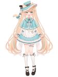  1girl :d animal_ear_fluff animal_ears black_bow black_footwear blue_bow blue_capelet blue_dress blue_hair blue_headwear blue_nails blush bow capelet cat_ears cat_girl cat_tail center_frills copyright_request dress ears_through_headwear fang frilled_legwear frills full_body hat hat_bow high_heels highres kneehighs kurono_kito light_brown_hair long_hair looking_at_viewer multicolored_hair nail_polish pocket_watch shoes simple_background smile solo streaked_hair striped striped_bow tail tail_bow tail_ornament tail_raised tilted_headwear twintails very_long_hair virtual_youtuber watch white_background white_legwear wrist_cuffs 