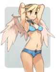  1girl angel_wings armpits arms_behind_head ayatsuki_nina blonde_hair blue_bra blue_hairband blue_panties border bra breasts breath_of_fire breath_of_fire_iv brooch brown_eyes chest_jewel closed_mouth cowboy_shot grey_background hairband hands_up highres jewelry medium_hair panties small_breasts smile solo standing underwear vins-mousseux white_border wings 
