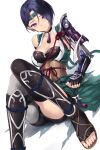  1girl armor black_choker black_gloves blue_hair breasts cait_aron choker cleavage commentary fingerless_gloves fire_emblem fire_emblem:_three_houses fire_emblem_heroes gloves headband highres looking_at_viewer medium_breasts parted_lips purple_eyes sandals shamir_nevrand short_hair shoulder_armor shuriken simple_background sitting solo thighs weapon white_background 