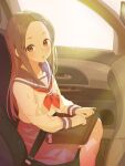  1girl :o absurdres bag bag_on_lap blue_sailor_collar blue_skirt blush brown_bag brown_eyes brown_hair car_interior car_seat commentary forehead highres karakai_jouzu_no_takagi-san long_hair long_sleeves looking_at_viewer looking_up neckerchief parted_lips red_neckerchief sailor_collar school_bag school_uniform seatbelt seongsu_twit serafuku shirt sitting skirt solo sunlight takagi-san white_shirt 