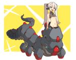  1girl :d android bare_shoulders blue_eyes breasts centauroid externally_piloted_mecha full_body grey_hair long_hair mecha monster_girl navel open_mouth original robot_ears sharp_teeth small_breasts smile solo taur teeth twintails underboob vins-mousseux 