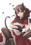  1girl animal_ears basket blue_eyes blue_flower boots bow braid brown_hair cat_(nyanko_daisensou) cat_ears cat_tail chenyunchen2001 flower gloves highres hood hood_down minya_(nyanko_daisensou) nyanko_daisensou red_skirt skirt smile tail thighhighs twin_braids white_background 