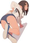  1girl alice_gear_aegis all_fours ass brown_hair clothes_lift fu-ta green_eyes grin highres kaneshiya_sitara long_hair looking_at_viewer looking_back off_shoulder panties panty_peek shirt_lift short_shorts shorts simple_background smile solo underwear upshorts white_background white_panties 