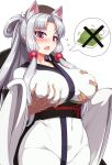  2019 accessory animal_humanoid asian_clothing bedding big_breasts blanket blush bodily_fluids breast_grab breasts canid canid_humanoid canine canine_humanoid clothed clothing duo east_asian_clothing female fox_humanoid grey_hair hair hair_accessory hand_on_breast humanoid japanese_clothing kimono long_hair male male/female mammal mammal_humanoid null_(nyanpyoun) pillow purple_eyes refusal robe sash simple_background solo_focus speech_bubble sweat touhoku_itako white_background 