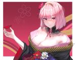  1girl absurdres bangs bare_shoulders black_kimono blunt_bangs blush border breasts cleavage closed_mouth collarbone cup detached_collar english_commentary flower hair_flower hair_ornament hairband hand_up highres holding holding_cup hololive hololive_english japanese_clothes kimono large_breasts lessthanone looking_at_viewer mori_calliope nail_polish neck_ribbon new_year obi off_shoulder official_alternate_costume official_alternate_hair_length pink_hair pink_nails red_eyes red_flower red_rose ribbon rose sakazuki sash short_hair solo upper_body virtual_youtuber white_border white_ribbon 