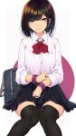  1girl bag bangs black_hair black_legwear bow bowtie breasts cuffs handcuffs highres jewelry looking_at_viewer original pleated_skirt ring school_bag school_uniform short_hair shunga_(shun608) sitting skirt smile solo thighhighs yellow_eyes 