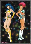  1980s_(style) absurdres armlet bangs blue_eyes blue_hair boots breasts cleavage dirty_pair earrings eyebrows_visible_through_hair full_body gloves headband highres holster jewelry kei_(dirty_pair) knee_boots logo long_hair navel non-web_source official_art open_mouth poster_(medium) red_eyes red_hair retro_artstyle scan short_hair single_glove sparkle_background standing white_footwear white_gloves yellow_footwear yellow_gloves yuri_(dirty_pair) 