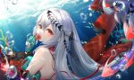  1girl arknights bangs blue_gloves covering_mouth detached_sleeves flower freediving from_behind gloves hair_between_eyes highres holding holding_flower liu_liaoliao long_hair long_sleeves looking_at_viewer looking_back red_eyes silver_hair skadi_(arknights) skadi_the_corrupting_heart_(arknights) solo underwater upper_body 