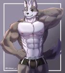  2022 abs absurd_res anthro big_muscles bulge canid canine canis clothing countershade_torso countershading english_text eye_patch eyebrows eyewear front_view fur grey_background grey_body grey_fur hair hand_behind_head hand_on_hip hi_res looking_at_viewer male mammal muscular muscular_anthro muscular_male navel nintendo nipples obliques pecs pink_nipples robinmg_45 simple_background smile solo standing star_fox teeth text text_on_clothing text_on_underwear tuft underwear url video_games white_body white_countershading white_eyebrows white_fur white_hair wolf wolf_o&#039;donnell 