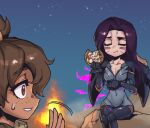  2girls bangs black_bodysuit bodysuit breasts brown_hair cleavage closed_eyes collarbone covered_navel dark-skinned_female dark_skin eating food freckles hand_up kai&#039;sa league_of_legends long_hair medium_breasts multiple_girls night night_sky phantom_ix_row purple_hair shiny shiny_hair sitting sky smile sweatdrop taliyah teeth wings 